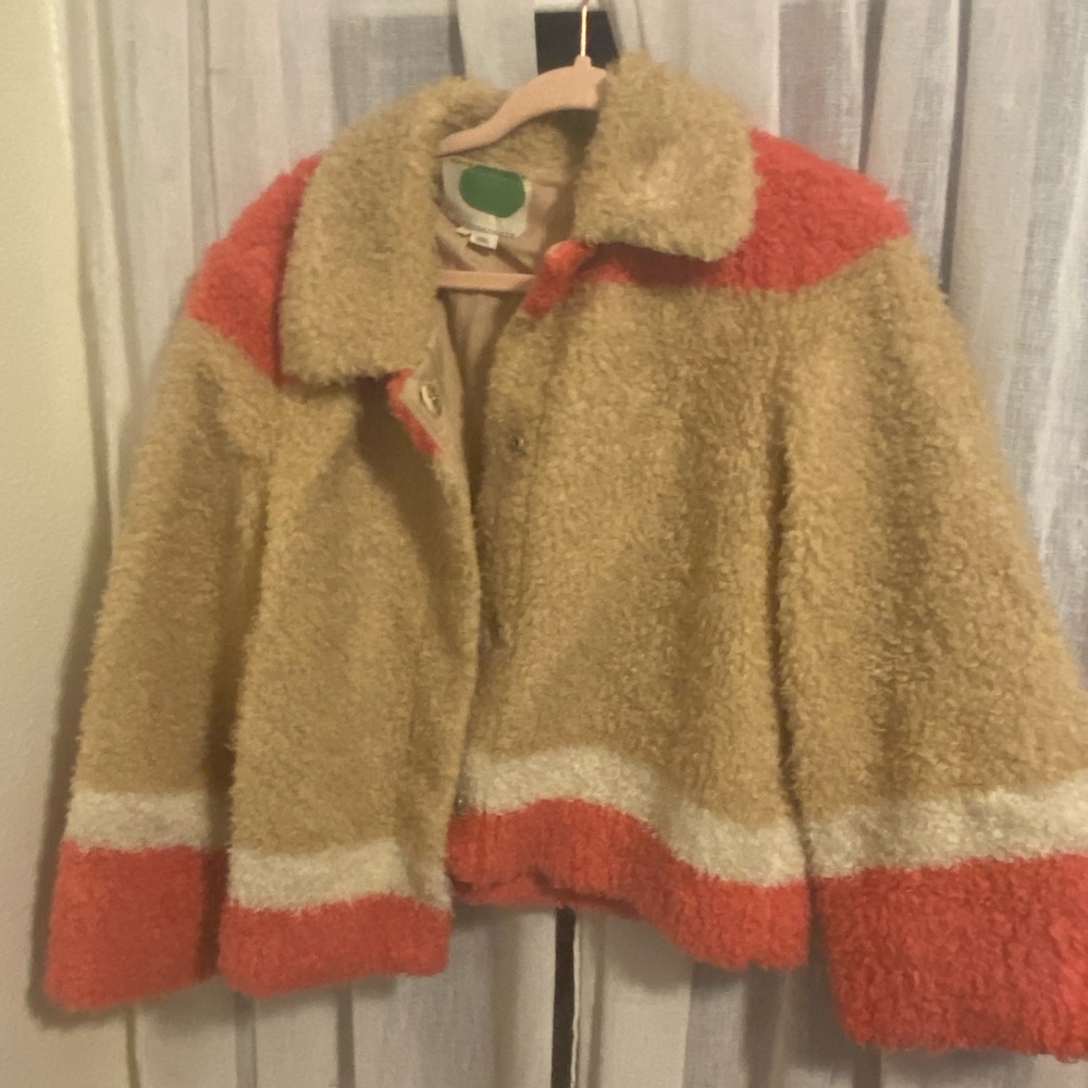 Anthropology teddy jacket cropped in beige + pink + white, Sz m